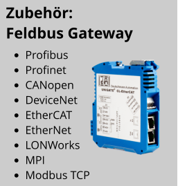 •	Profibus •	Profinet •	CANopen •	DeviceNet •	EtherCAT •	EtherNet •	LONWorks •	MPI •	Modbus TCP Zubehör:   Feldbus Gateway
